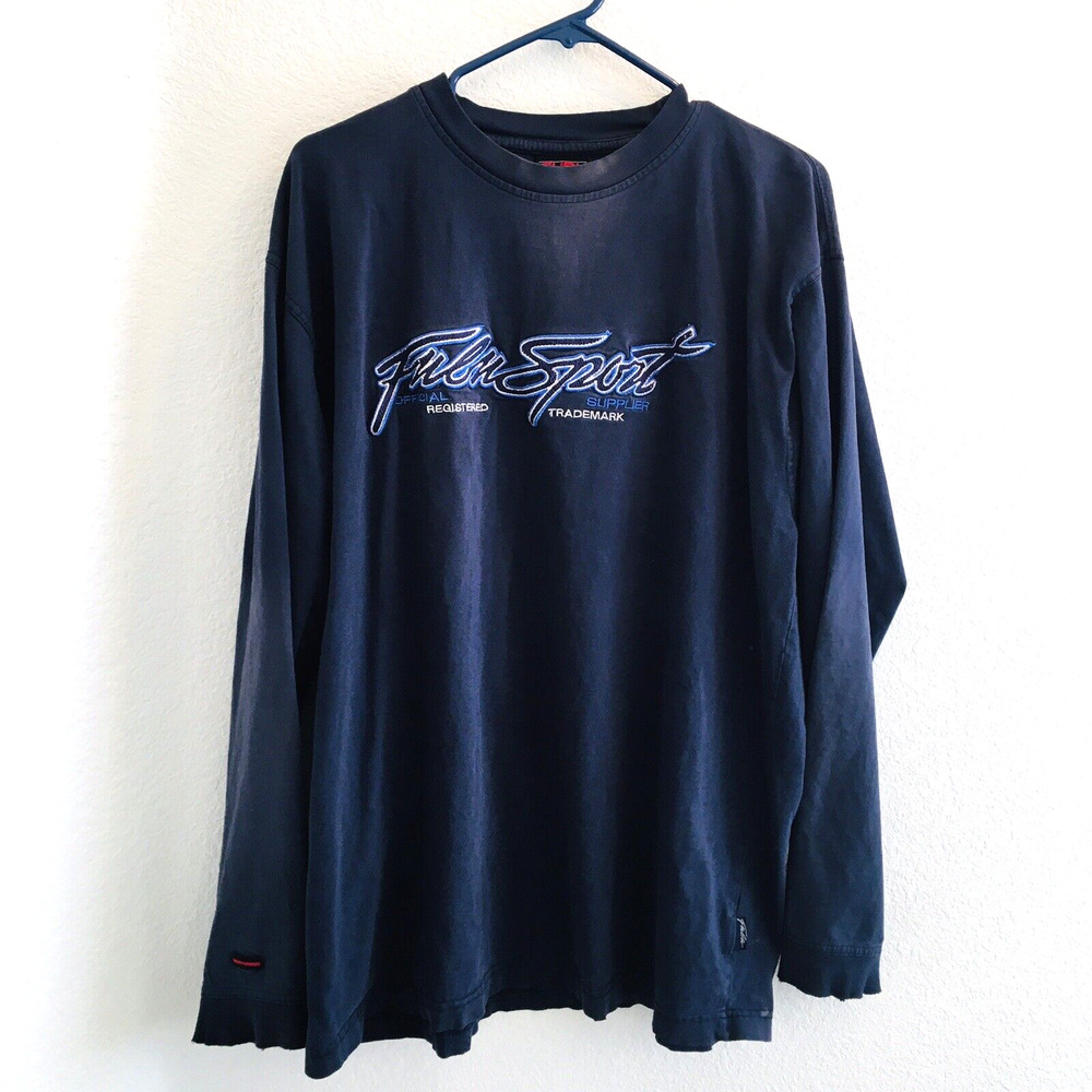 Vtg Men's Fubu Sport Blue Long Sleeve Crew Neck Tee Size L Distressed Faded